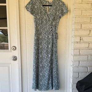 Teal green and white floral faux wrap dress